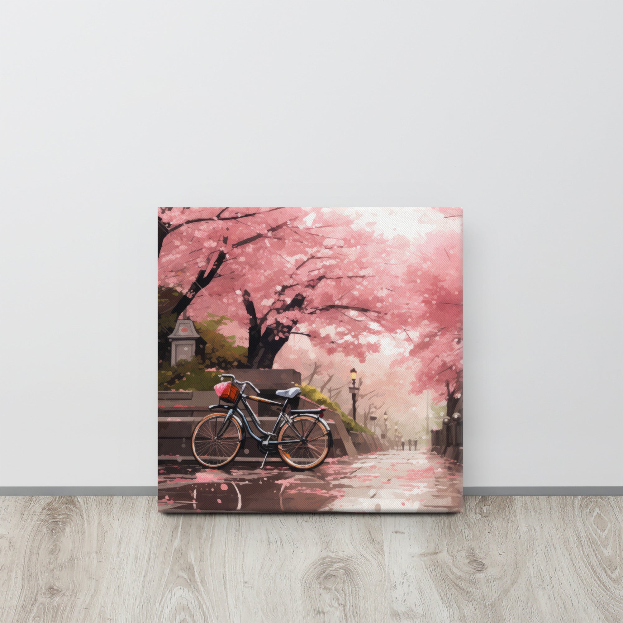 Blossoms of Passage - A Tranquil Bicycle Scene Canvas Print