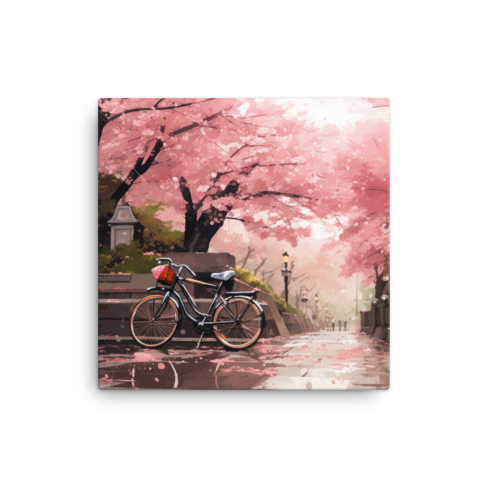 Blossoms of Passage - A Tranquil Bicycle Scene Canvas Print