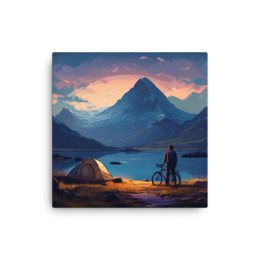 Tranquil Retreat - Cyclist's Lakeside Respite Canvas Print