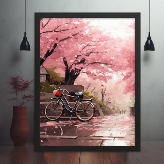 Blossoms of Passage - A Tranquil Bicycle Scene Framed poster