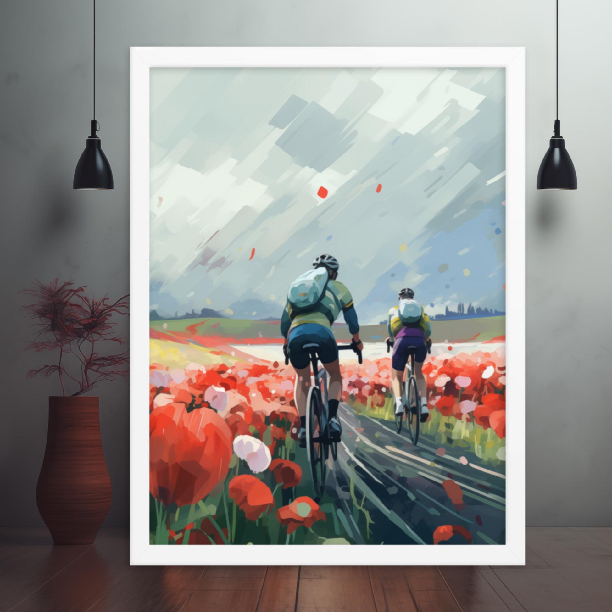 Floral Pathway: Journey Amidst the Storm Framed Poster