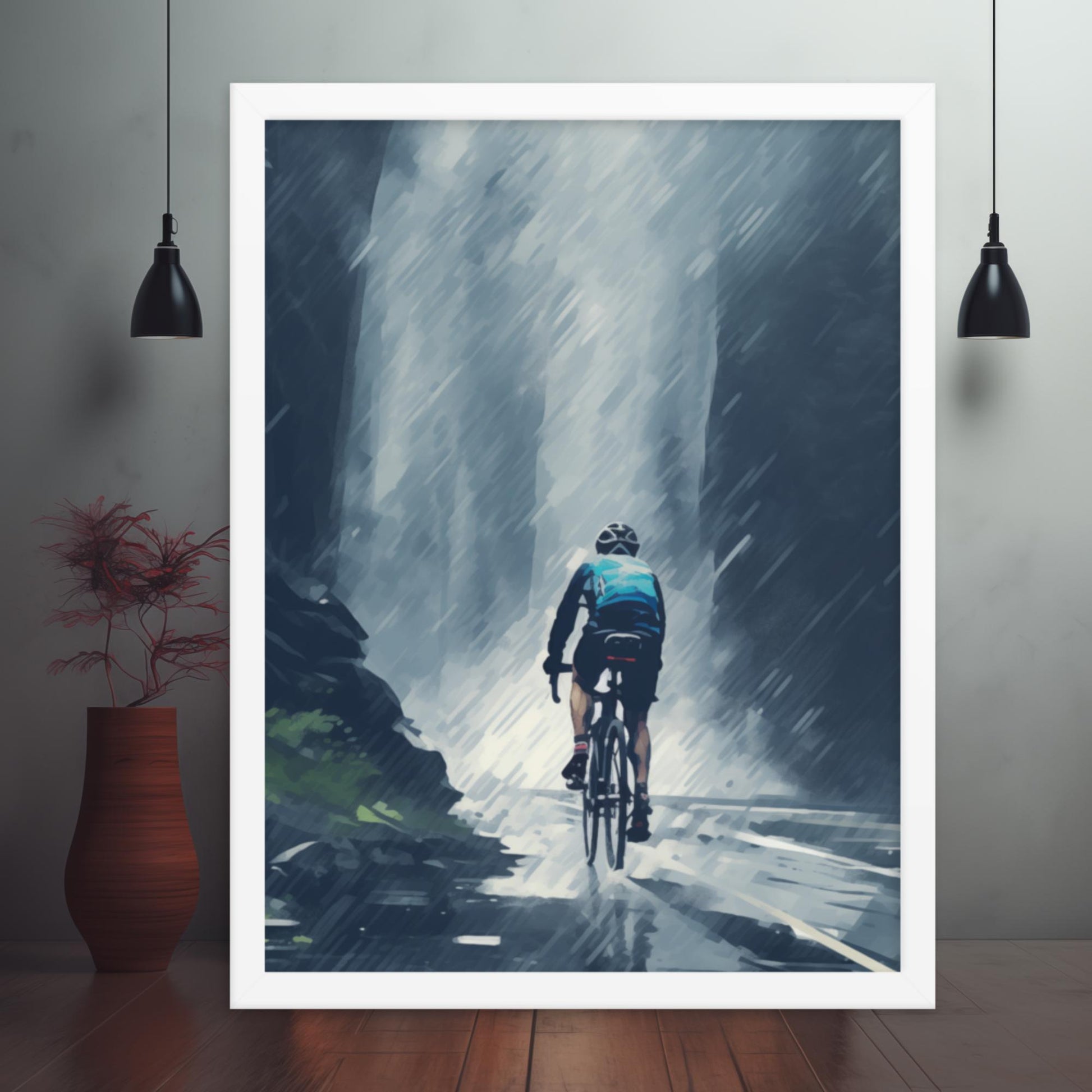 Thundering Falls: Cyclist's Mountain Echo Framed Poster