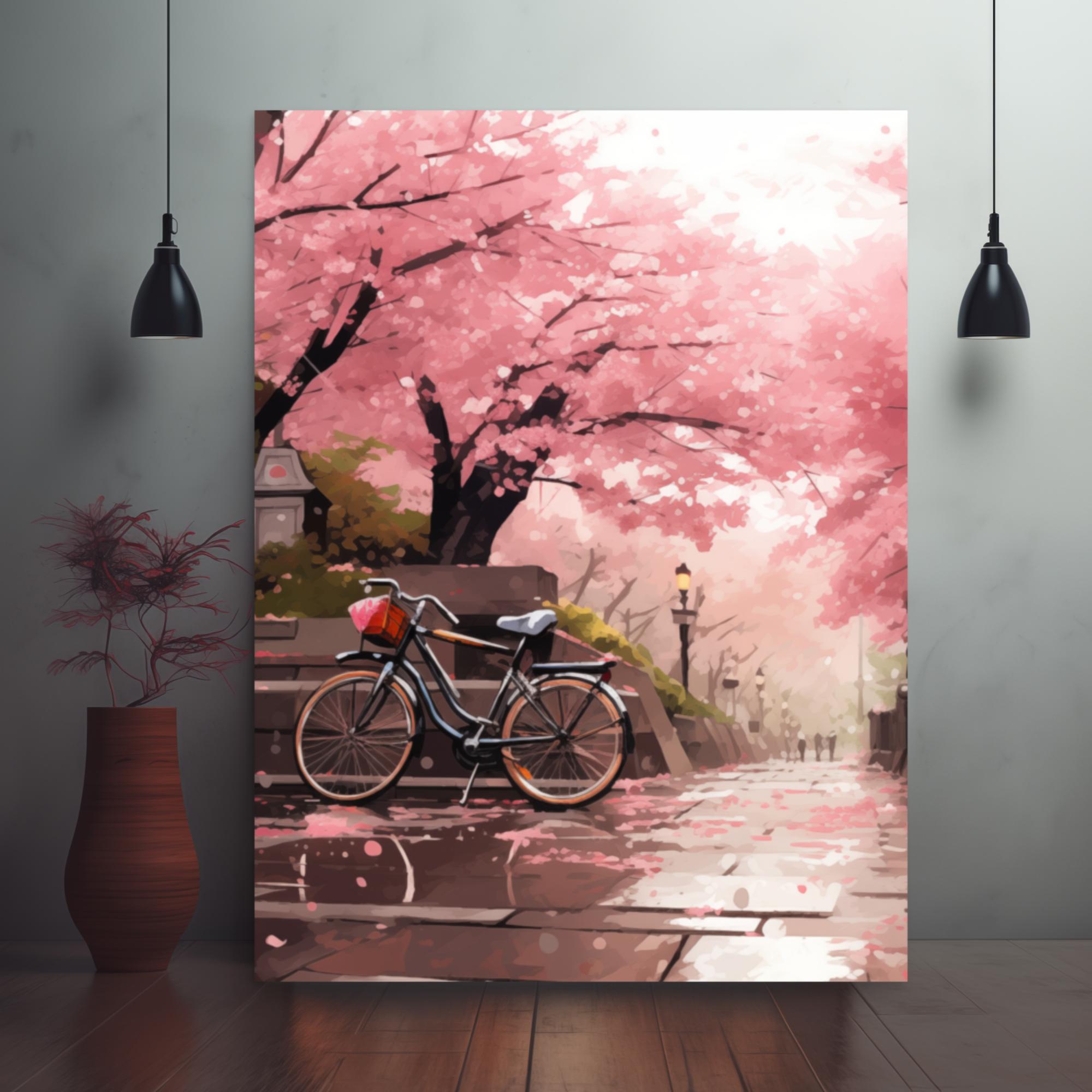 Blossoms of Passage - A Tranquil Bicycle Scene Framed poster